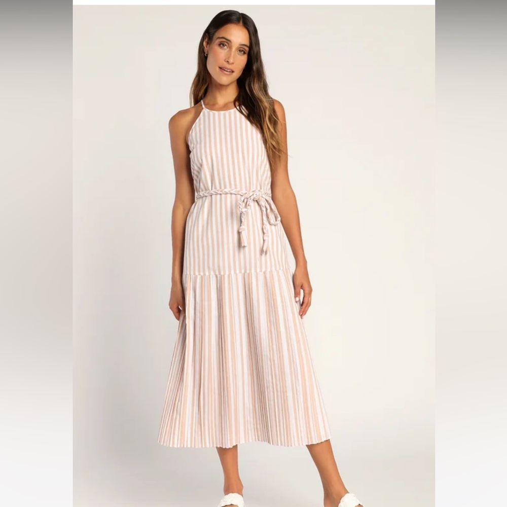 NWT - Beach Town Bound Ivory Striped Pleated Drop Waist Midi Dress - Small